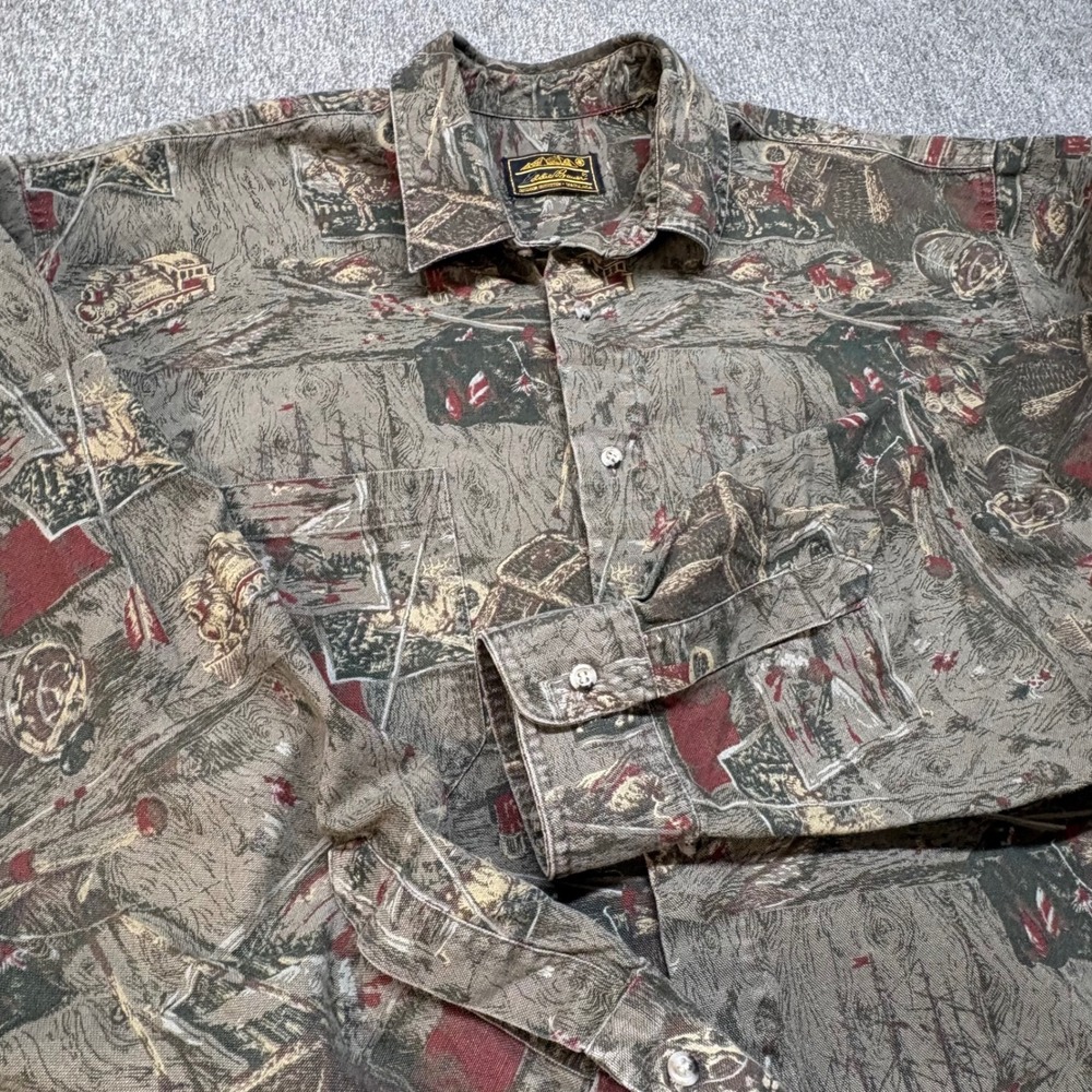 Vintage Eddie Bauer Men All Over Print Button Down Shirt Canvas 6476 Olive L